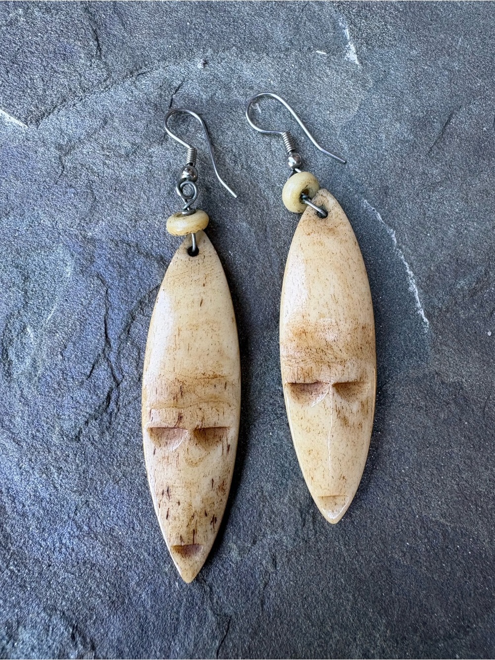 Hand-Carved Natural Cream Bone Mask Drop Earrings